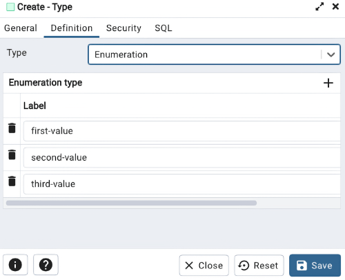 Screenshot of the pgAdmin Create Type definition dialog box