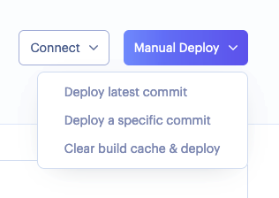 Screenshot of the Manual Deploy > Manual Deploy button with options in the render.com dashboard